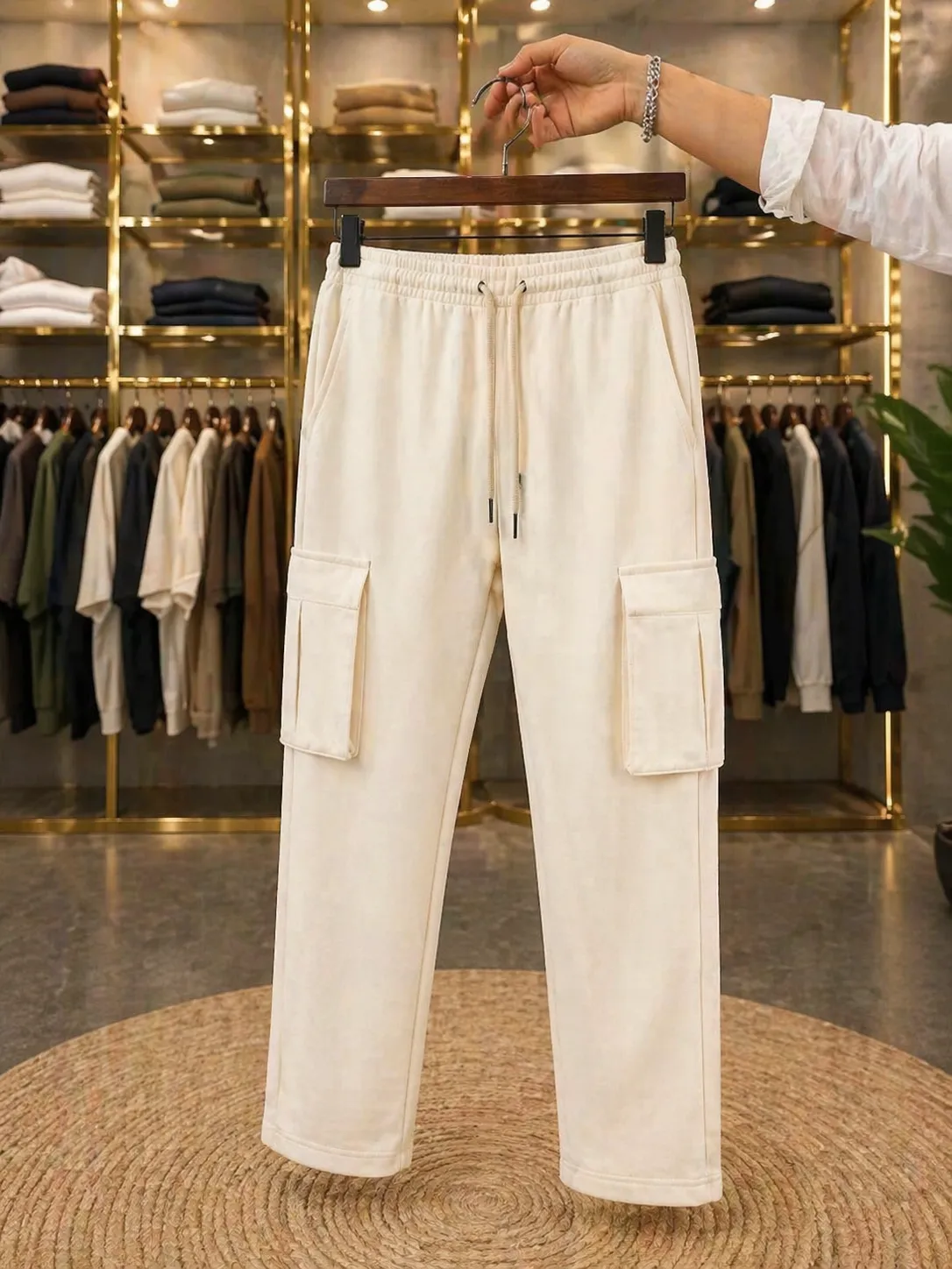 Men's Cream Drawstring Cargo Sweatpants